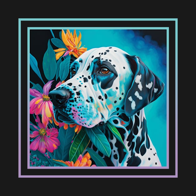 Loyal Dalmatian Dog Floral Vibrant Tropical Digital Oil Painting Pet Portrait by ArtHouseFlunky