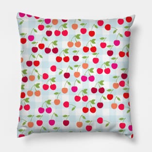 Cute Cherry Pattern on Blue Gingham Pillow