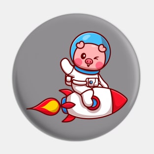 Cut Pig Astronaut Riding Rocket And Waving Hand Cartoon Pin