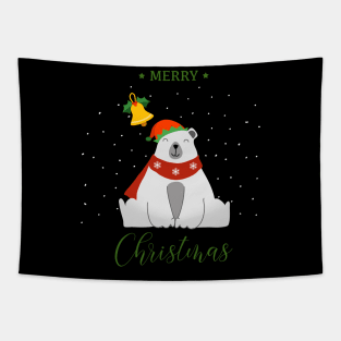 Holiday greeting from funny Polar Bear with elf hat and holly Tapestry