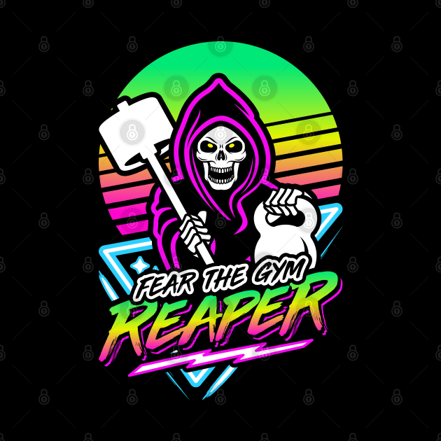 Fear The Gym Reaper Fitness Retro Neon Synthwave 80s 90s by brogressproject