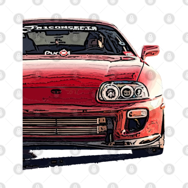 Explosive Fury: Red Supra Front Fiery Half Body Posterize Car Design by GearHead Threads