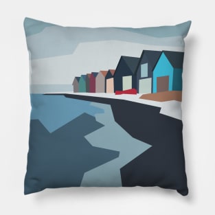 Beautiful small houses standing on the blue sea shore. Pillow