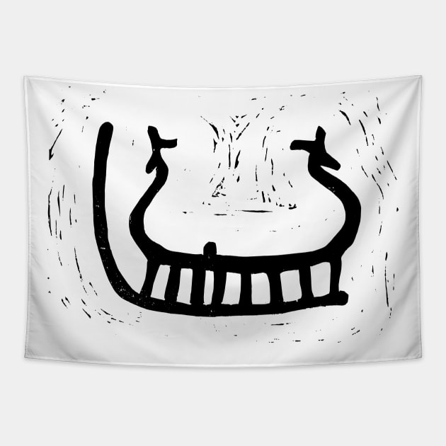 Norse Ship Petroglyph from Tanum (Black Ink Version) Tapestry by LaForma