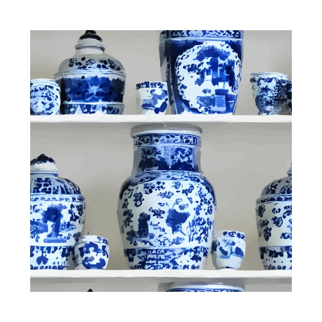 Shelves with blue and white chinoiserie jars by SophieClimaArt