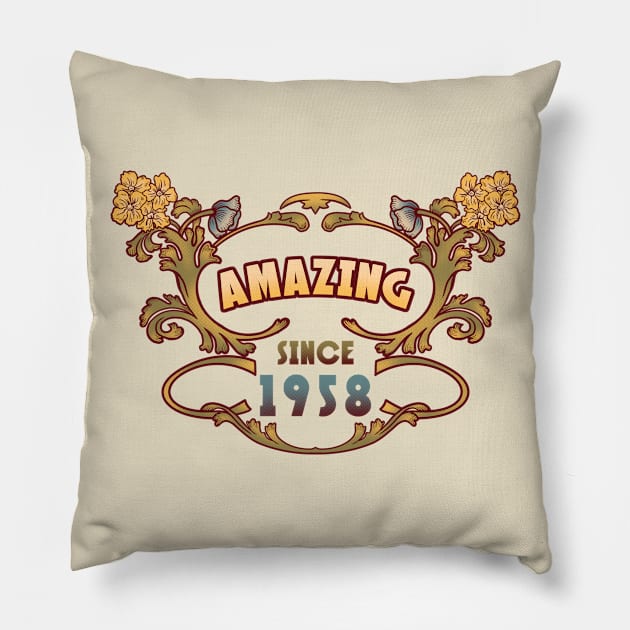 AMAZING SINCE 1958  art nouveau vintage floral retro birthday gift Pillow by leepianti