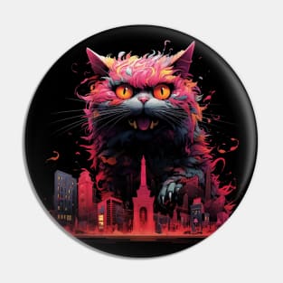 Catzilla Strikes: Pink, Grey, Black & Colorful Retro Comic Art Style Pin