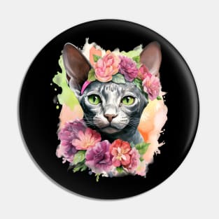 Devon Rex Cat Flowers Water Color Cat Mom Mother's Day Gift Pin