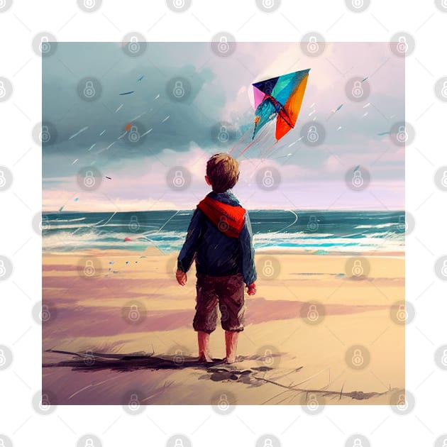 A Little Kid with his Kite on the Beach by Legendary T-Shirts