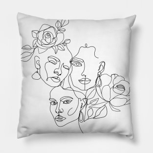 Minimal women's line art. Illustration with one line woman face, flowers and leaves. Pillow