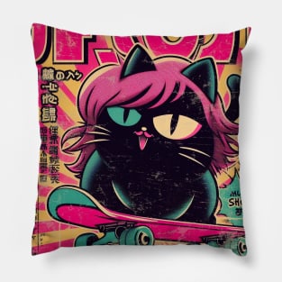 Pink Haired Black Cat Skater Girl Pillow