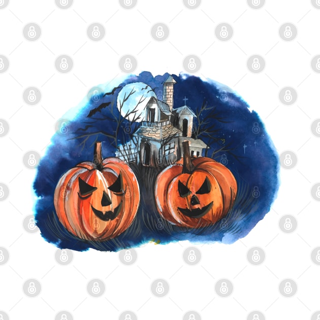 Halloween Night Pumpkin watercolor by Mako Design 