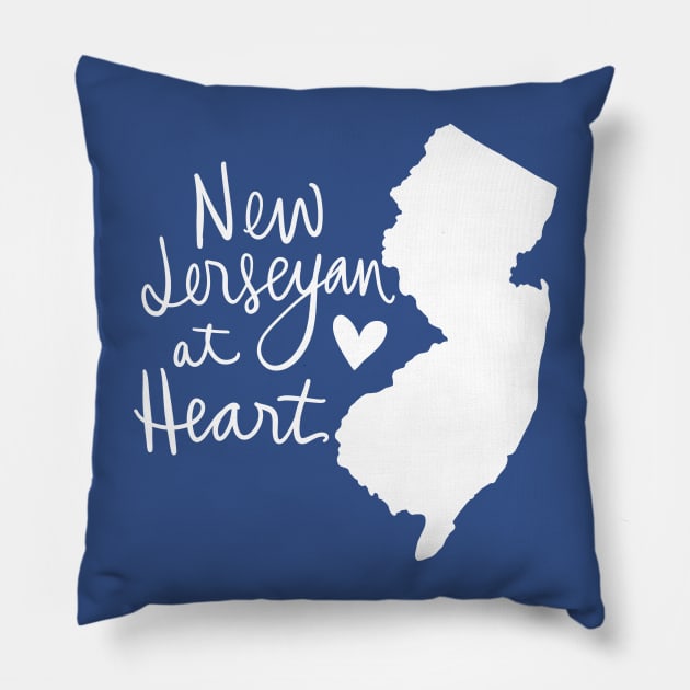 New Jerseyan At Heart: New Jersey State Pride Calligraphy State Silhouette Pillow by Tessa McSorley