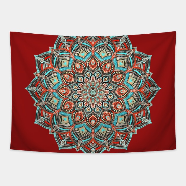 Teal, Red and Black Boho Painted Mandala Tapestry by micklyn