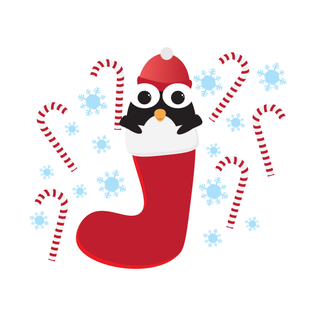 Cute Penguin, Red Stocking and Candy Canes by sigdesign