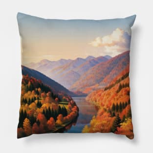 Lovely Autumn River with Orange Trees Pillow