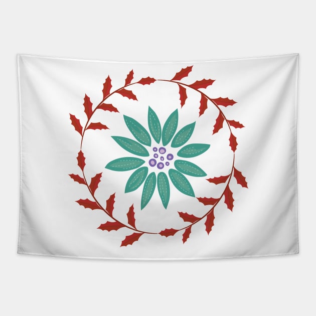 Folk Art Poinsettia Wreath Tapestry by SWON Design