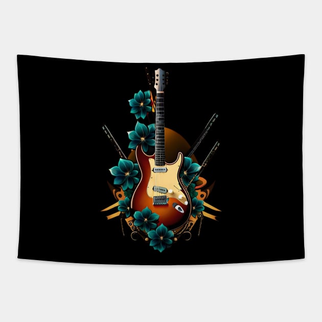 Electric guitar with blue flowers 11 Tapestry by Dandeliontattoo