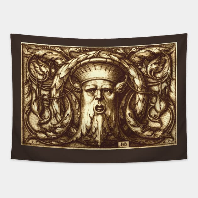 Green Man Renaissance Engraving Sepia Tapestry by Pixelchicken