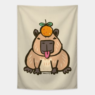 Capybara smile with orange Tapestry