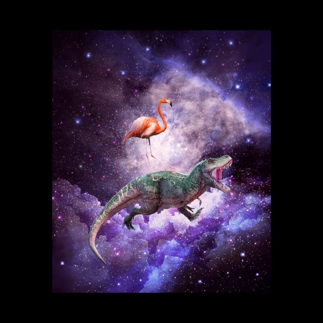 Galaxy Flamingo Riding Dinosaur In Space - Rainbow by Random Galaxy