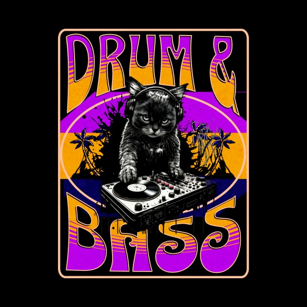 DRUM AND BASS  - Psychedelic Cat DJ (orange/purple) by DISCOTHREADZ 