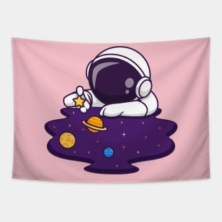 Cute Astronaut Playing Planet And Star In Space Cartoon Tapestry