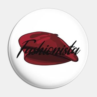 Red French Beret with the word 'Fashionista' in it Pin