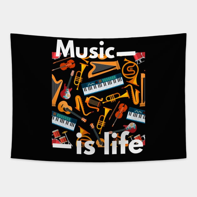 Music Is Life Musical Instruments Tapestry by Paradise Stitch