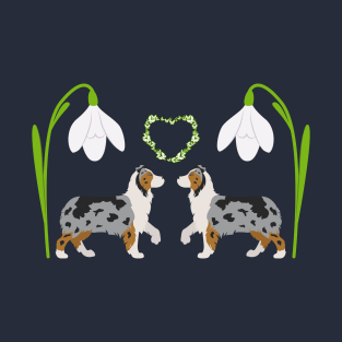 Blue Merle Australian Shepherd Dog with Spring Heart and Narcissus White Flower T-Shirt