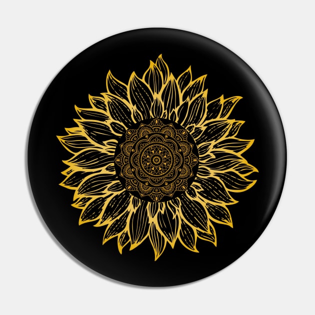 Sunflower Mandala Pattern - Golden Etching Nature Design Pin by mangobanana