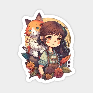 Girl & Ginger Cat Kawaii Anime Floral Cat Lover Magnet