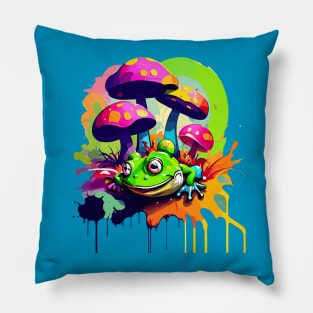 Cottagecore Graffiti Frog And Mushrooms Pillow