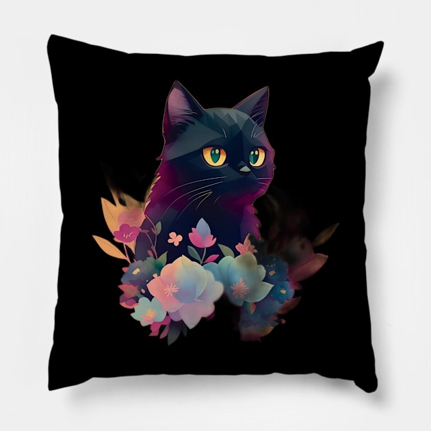 Cute Black Cat Love Watercolor Pillow by ImaginativeInkPOD