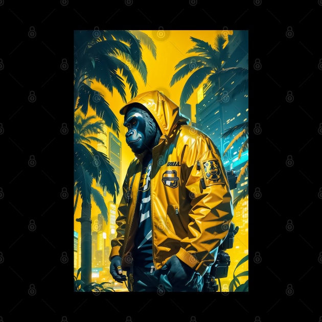 Trendy gorilla wearing yellow jacket in miami beach by TomFrontierArt