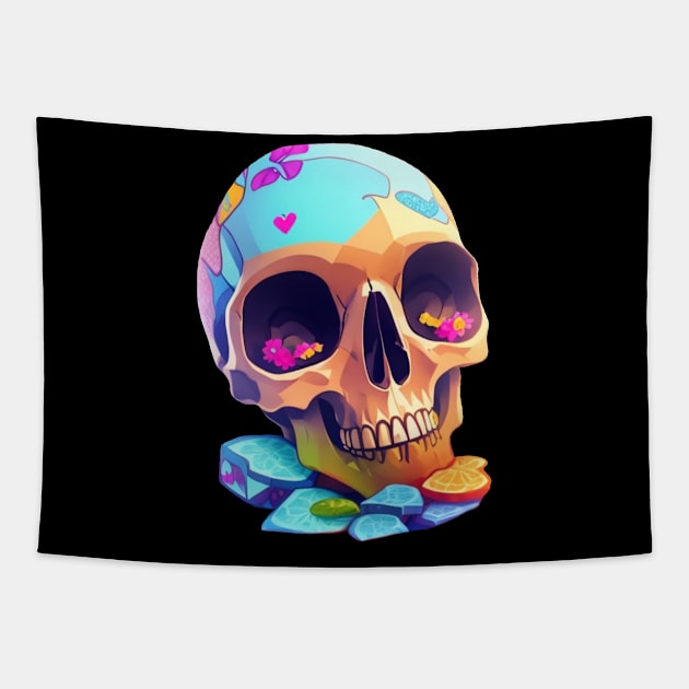 Colorful Flowers Skull with Love Tapestry by Pixelate Cat