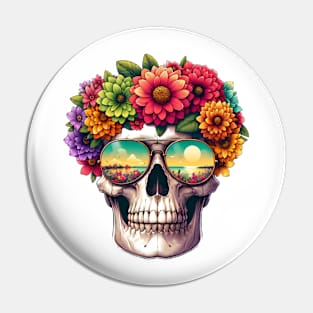 Floral Skull with Reflective Sunglasses Design Pin