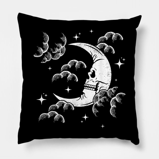 Astrology Crescent Skull Moon, Night Sky w Clouds and Stars Pillow by irelandefelder