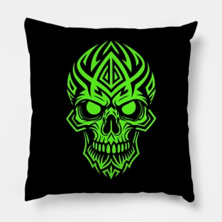 Neon Green Tribal Skull Pillow