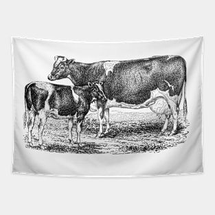 Cow with Calf Black and White Illustration Tapestry