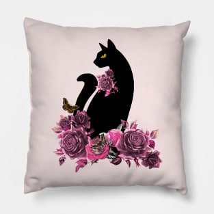 black color cat with butterfly moth and flowers, cats lovers design Pillow