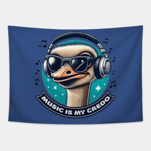 Music is My Credo, Ostrich in Blues, Greens, and Whites Tapestry