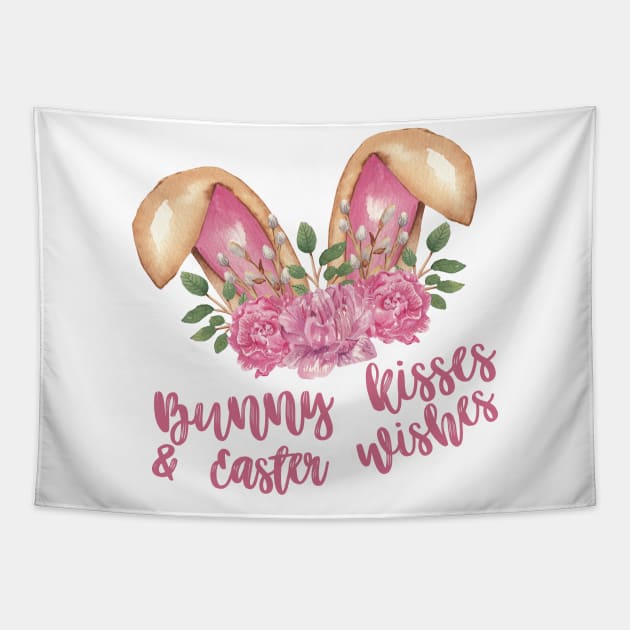 Bunny Kisses & Easter Wishes - Brown Bunny Ears with Pink Flowers Tapestry by Patty Bee Shop