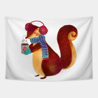 Squirrel Drinking Coffee Christmas Edition Tapestry