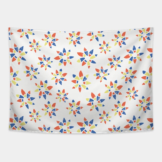 Abstract orange blue yellow flowers on a white background. Distressed look. Tapestry by Sandra Hutter Designs