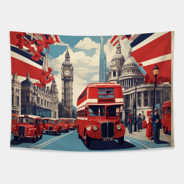 London England Double Decker Bus Vintage Travel Tourism Tapestry by TravelersGems