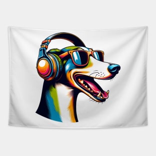 Smiling Saluki DJ Enjoys Beats in Japanese Art Tapestry