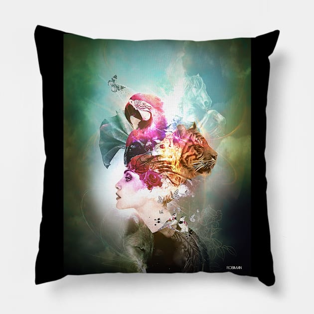 Woman with various animals on her head Pillow by robiman