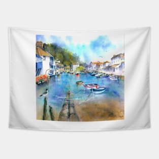 Landscape painting in watercolour of the harbour at Polperro Tapestry