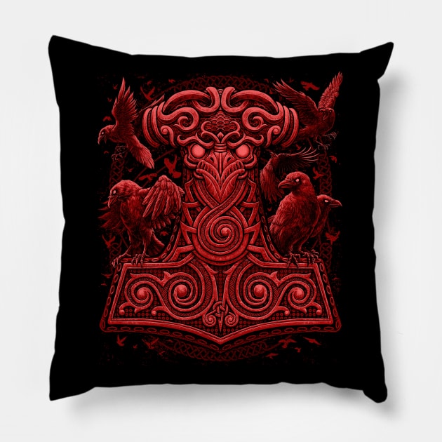 Viking Thors Raven Hammer Norse Red Mjolnir Pagan Ravens Pillow by Blue Pagan